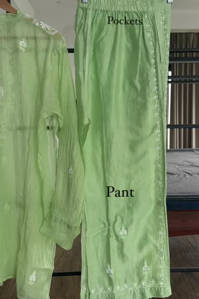 Soft Apple Green Mul Chanderi Chikankari Co-ord set