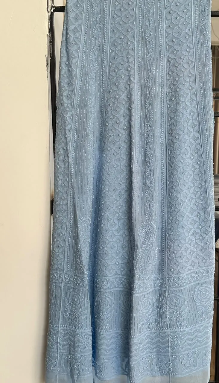 Pale Cornflour Blue Chikankari 18 Kali Anarkali Set