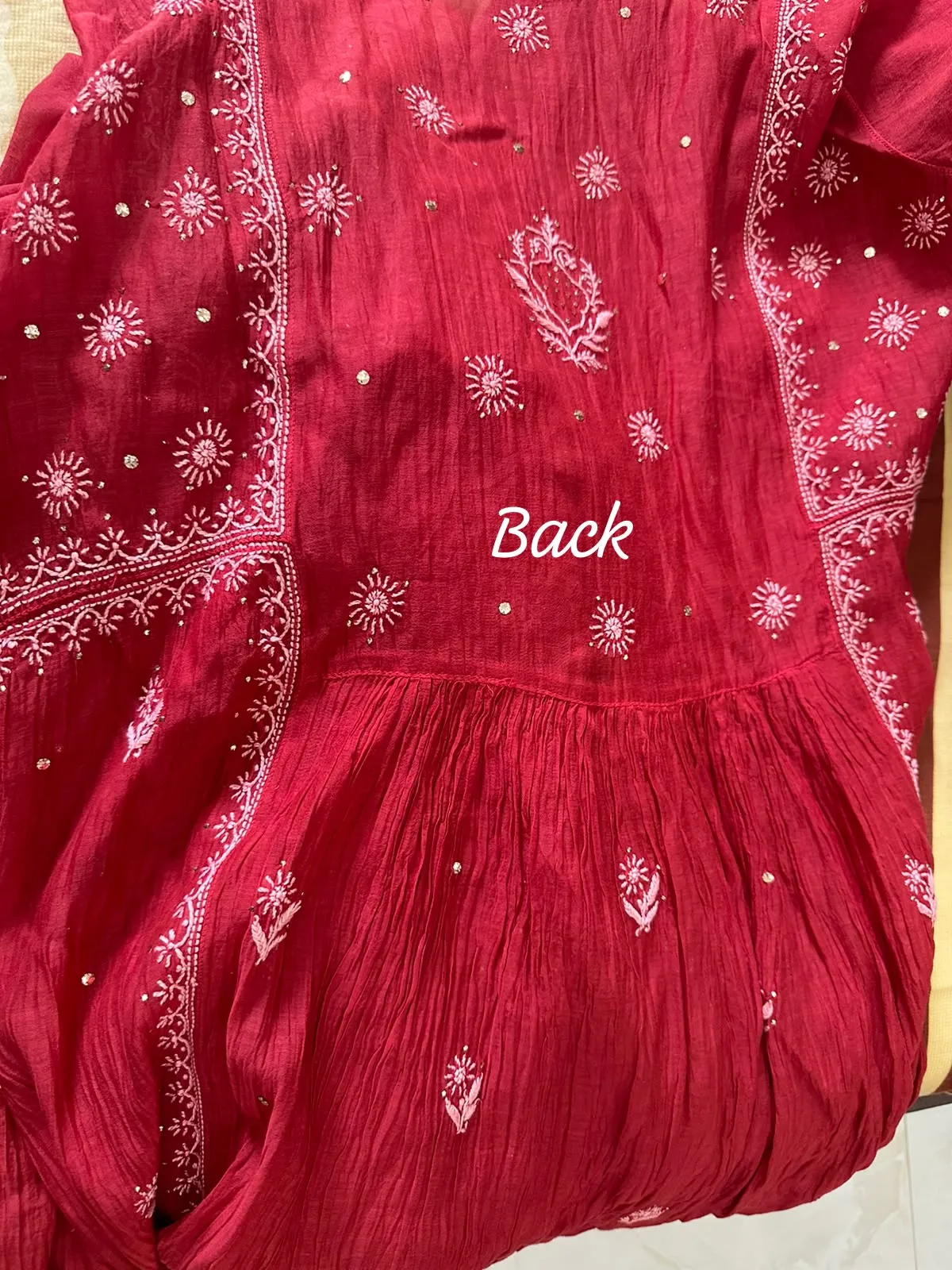 Ruby Mul Chanderi Chikankari A-Line Kurta Set