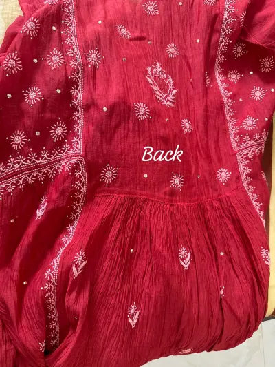 Ruby Mul Chanderi Chikankari A-Line Kurta Set