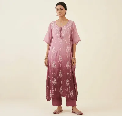 Ombre Onion Pink Mul Chanderi Chikankari Kaftan