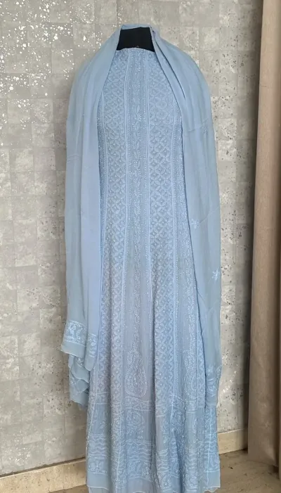 Pale Cornflour Blue Chikankari 18 Kali Anarkali Set
