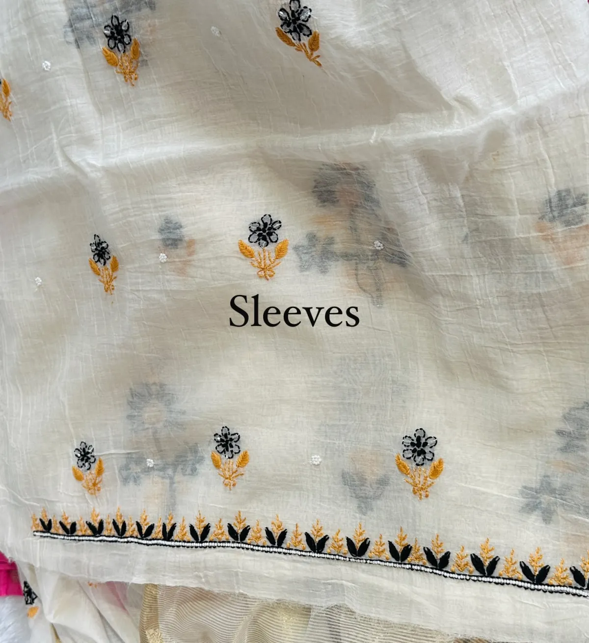 Cream Mul Chanderi Chikankari Unstitched Fabric