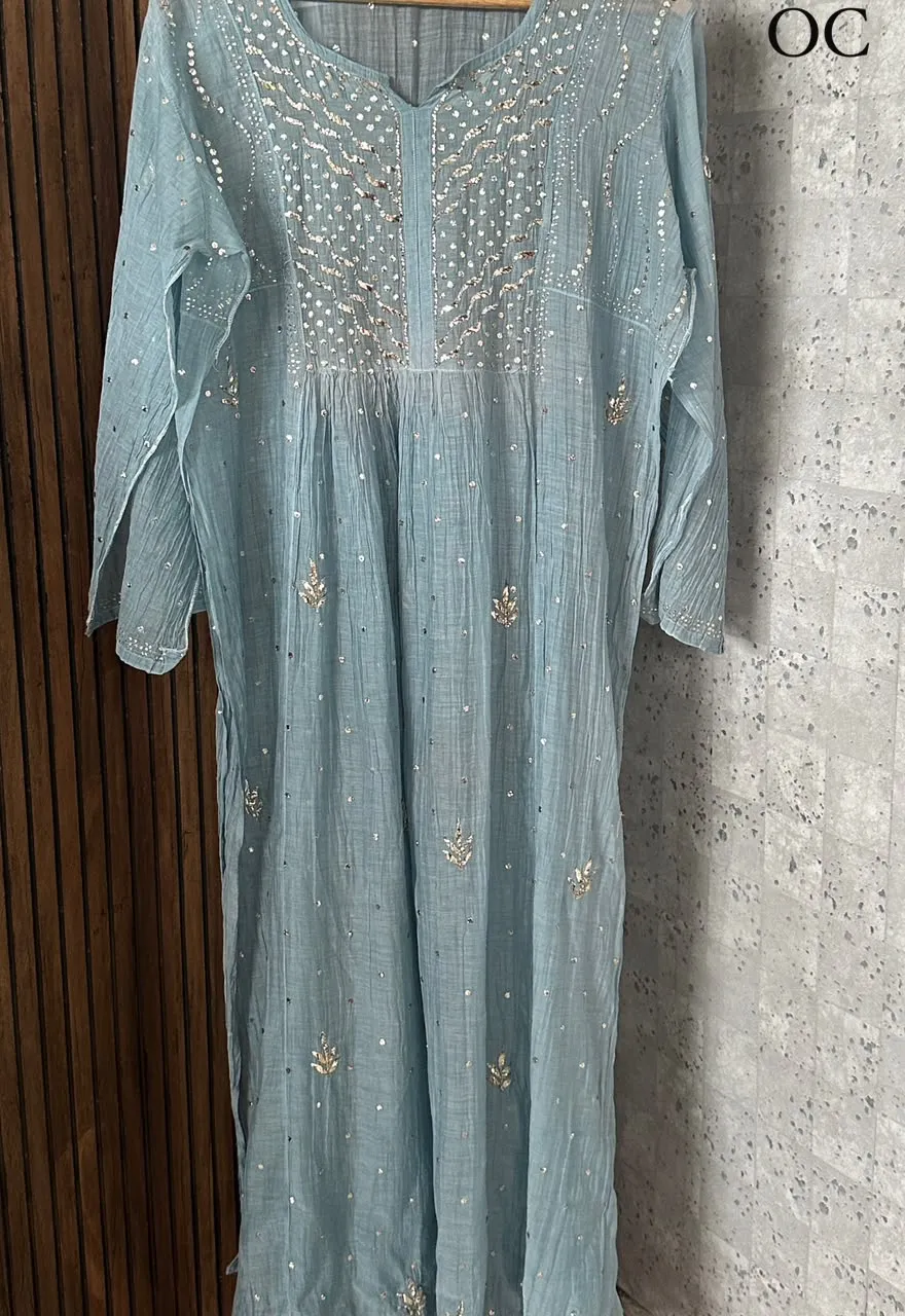 Silver Pastel Blue Mukaish Mul Chanderi Silk Set