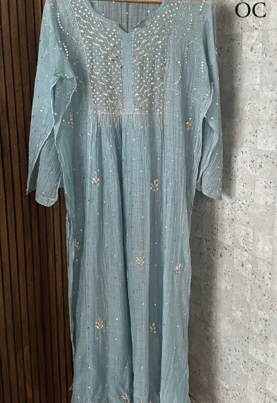 Silver Pastel Blue Mukaish Mul Chanderi Silk Set