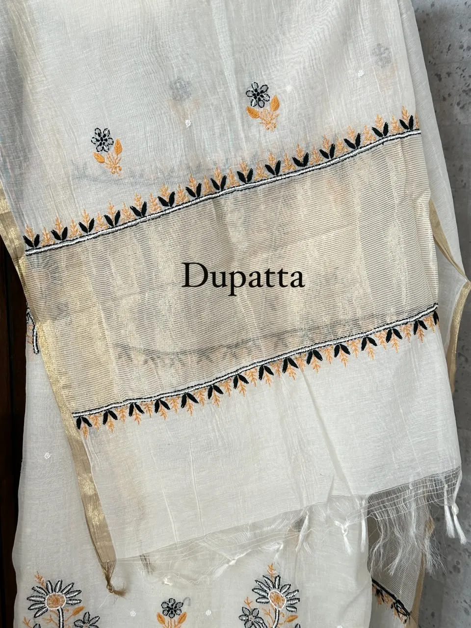 Cream Mul Chanderi Chikankari Unstitched Fabric
