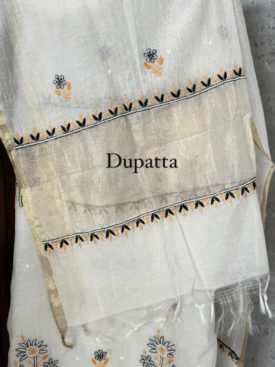 Cream Mul Chanderi Chikankari Unstitched Fabric