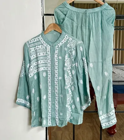 Green Lagoon Cotton Satin Chikankari Co-Ord Set