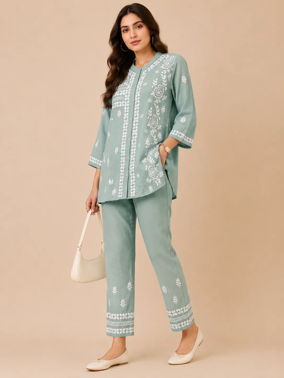 Green Lagoon Cotton Satin Chikankari Co-Ord Set