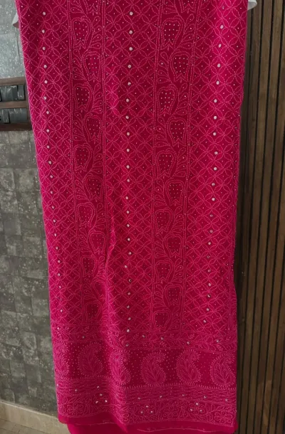 Ruby Pink Viscose Georgette Chikankari Unstitched Fabric