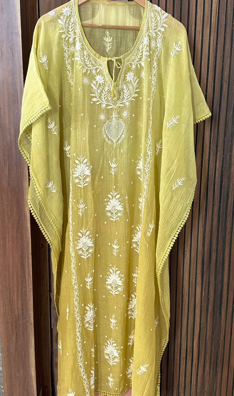 Olive Yellow Mul Chanderi Chikankari Kaftan