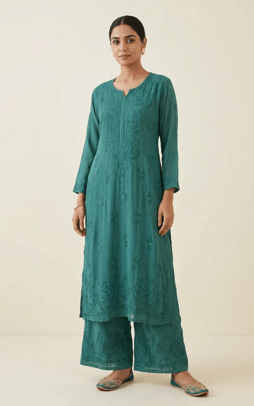 Modal Cotton Handcrafted Chikankari Kurta and Palazzo Set