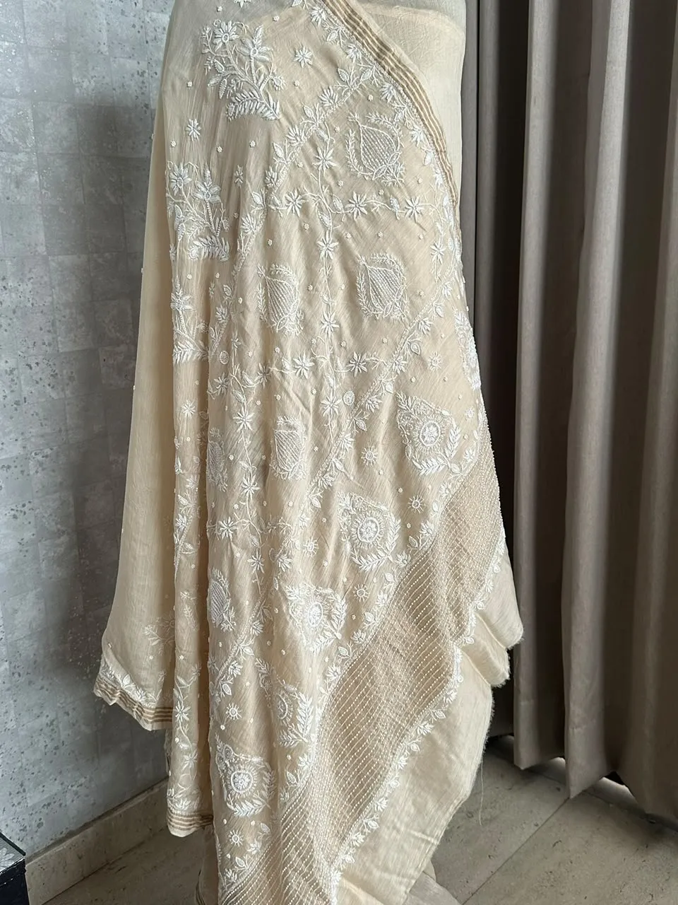 Ivory Beige Muga Silk Woven Saree with Intricate Chikankaari