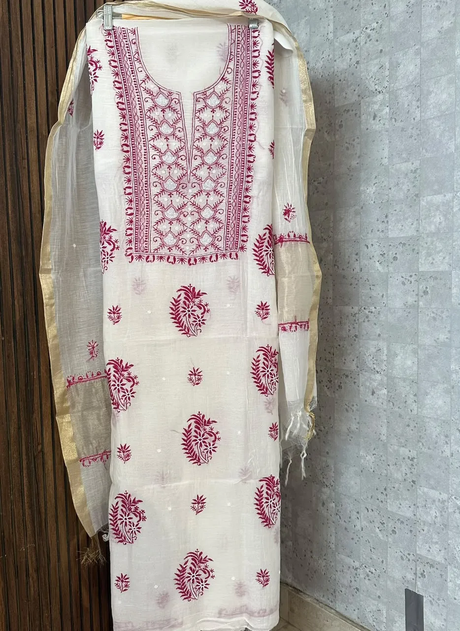 Cream Mul Chanderi Chikankari Unstitched Fabric