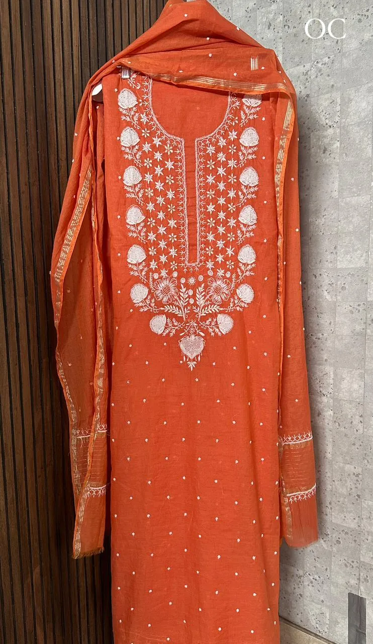 Burnt Coral Mul Chanderi Chikankari Unstitched Fabric