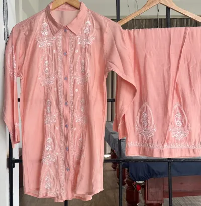 Soft Coral Muslin Chikankari Co-Ord Set