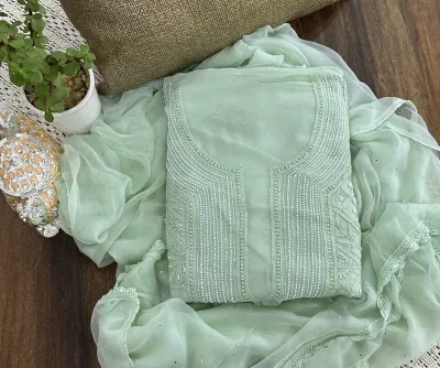 Muted Mint Green Viscose Georgette Chikankari Unstitched Fabric