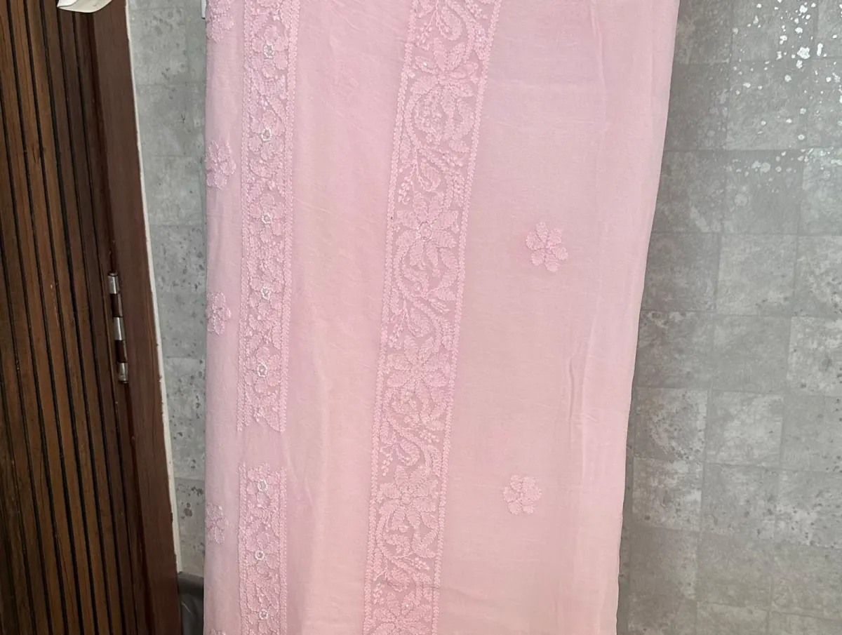 Soft Pink Viscose Georgette Chikankari Unstitched Fabric