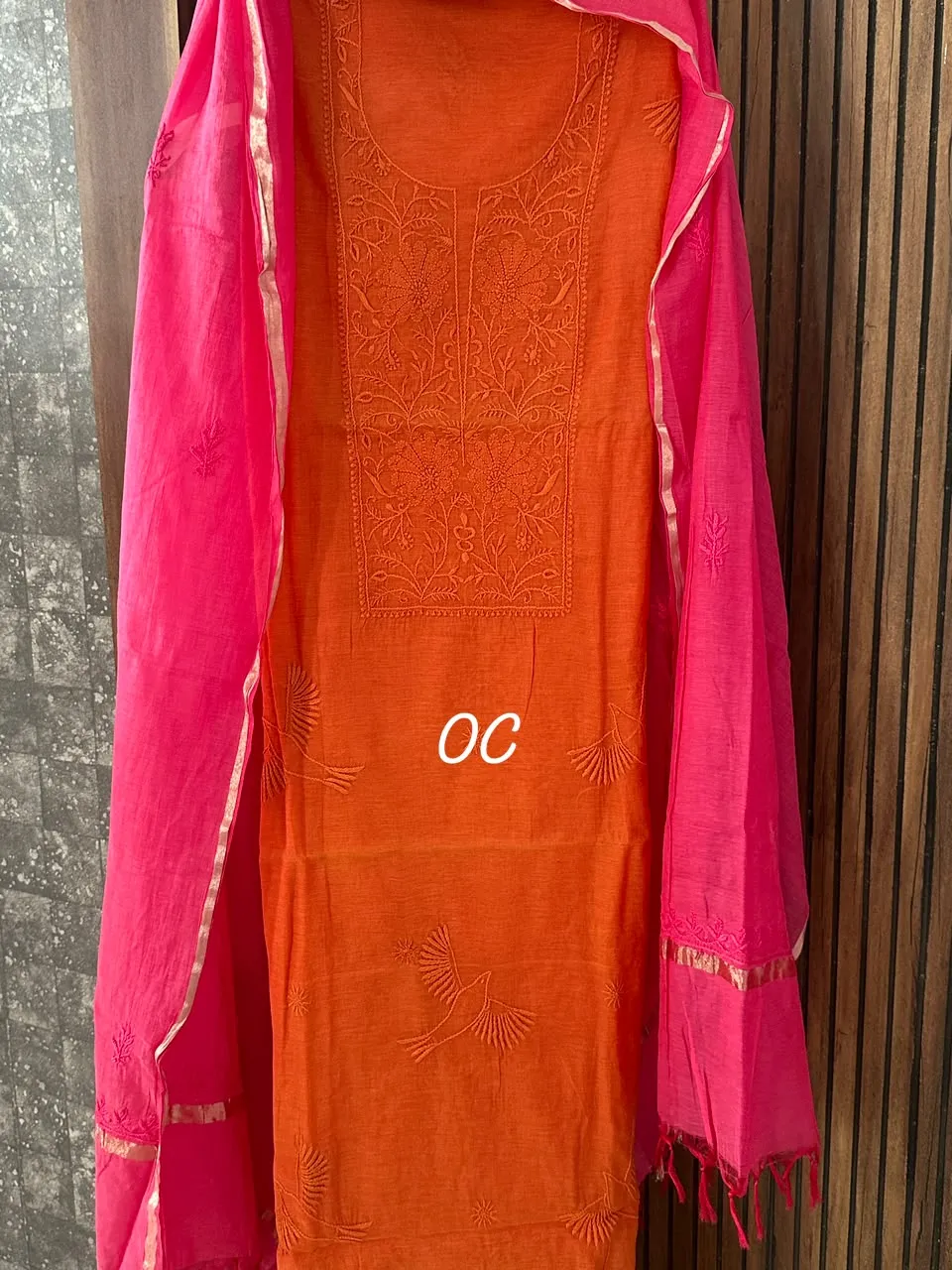 Saffron Mul Chanderi Chikankari Unstitched Fabric