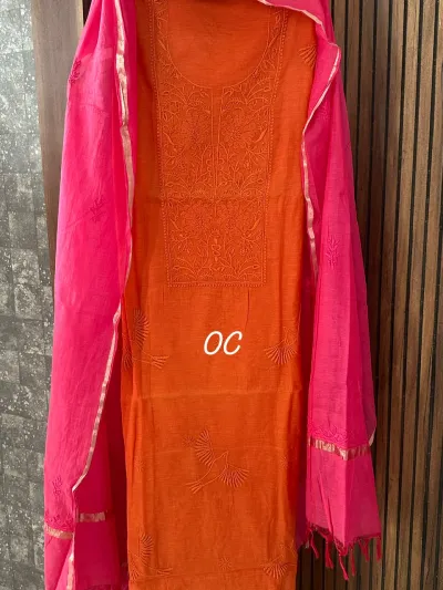 Saffron Mul Chanderi Chikankari Unstitched Fabric
