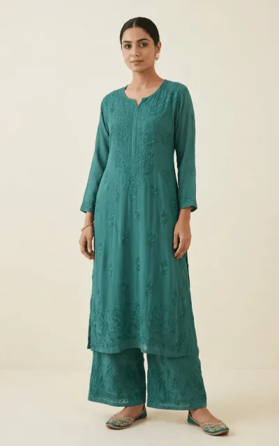 Modal Cotton Handcrafted Chikankari Kurta and Palazzo Set