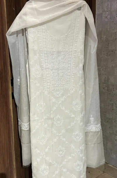 Cream Mul Chanderi Chikankari Unstitched Fabric