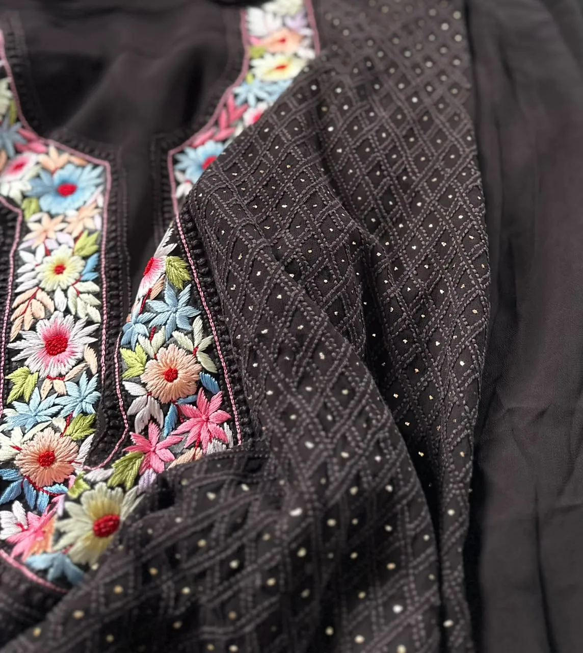Black Parsi Viscose Georgette Chikankari Unstitched Fabric