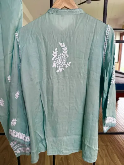 Green Lagoon Cotton Satin Chikankari Co-Ord Set