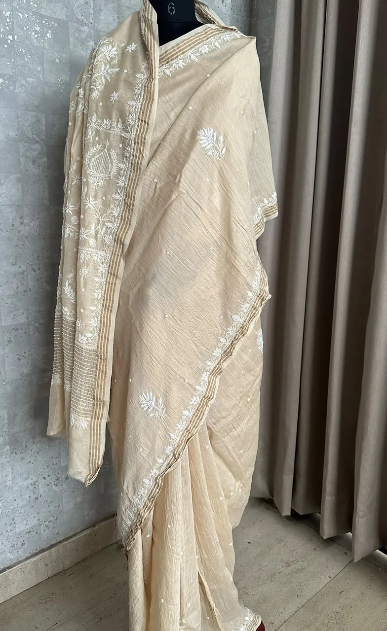 Ivory Beige Muga Silk Woven Saree with Intricate Chikankaari