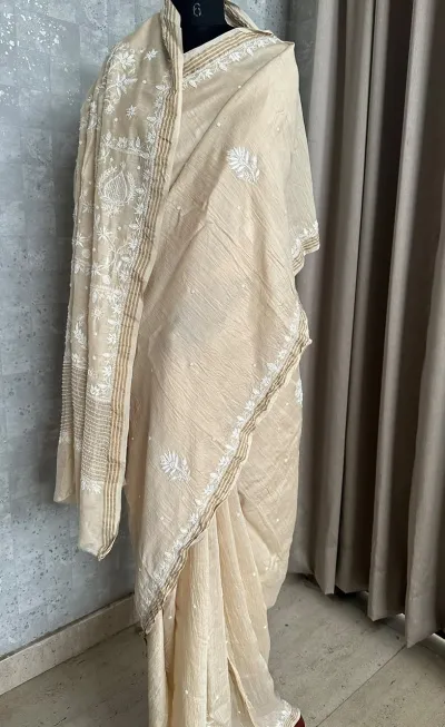 Ivory Beige Muga Silk Woven Saree with Intricate Chikankaari