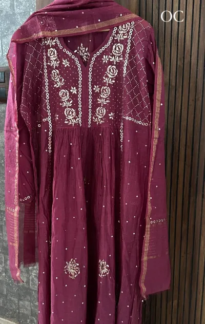 Wine Colour Mukaish Mul Chanderi Silk Set