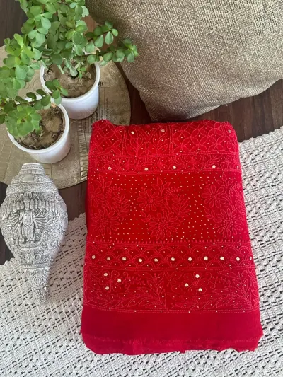 Crimson Viscose Georgette Chikankari Unstitched Fabric