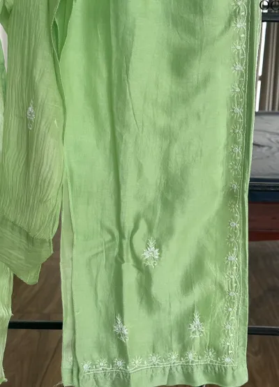 Soft Apple Green Mul Chanderi Chikankari Co-ord set