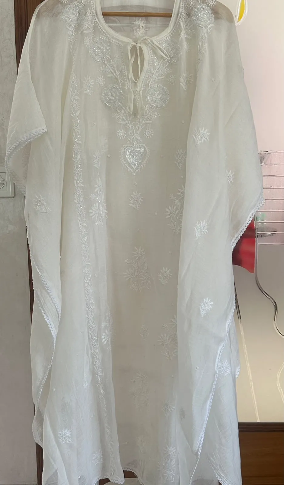 Ivory Mul Chanderi Chikankari Kaftan