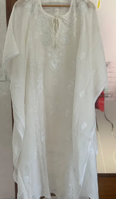 Ivory Mul Chanderi Chikankari Kaftan