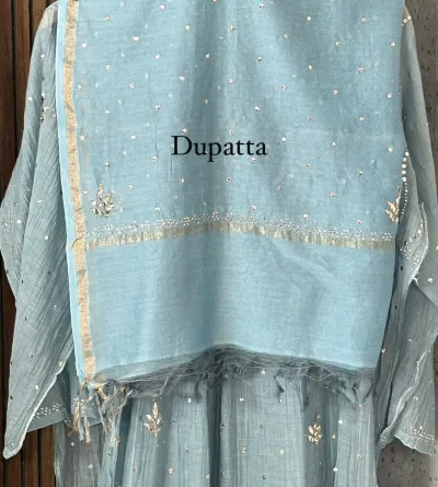 Silver Pastel Blue Mukaish Mul Chanderi Silk Set