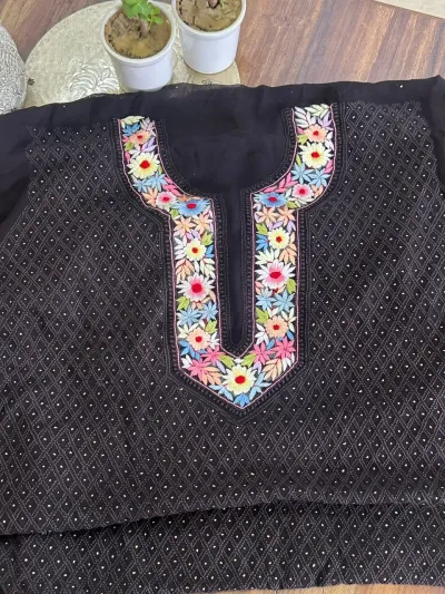 Black Parsi Viscose Georgette Chikankari Unstitched Fabric