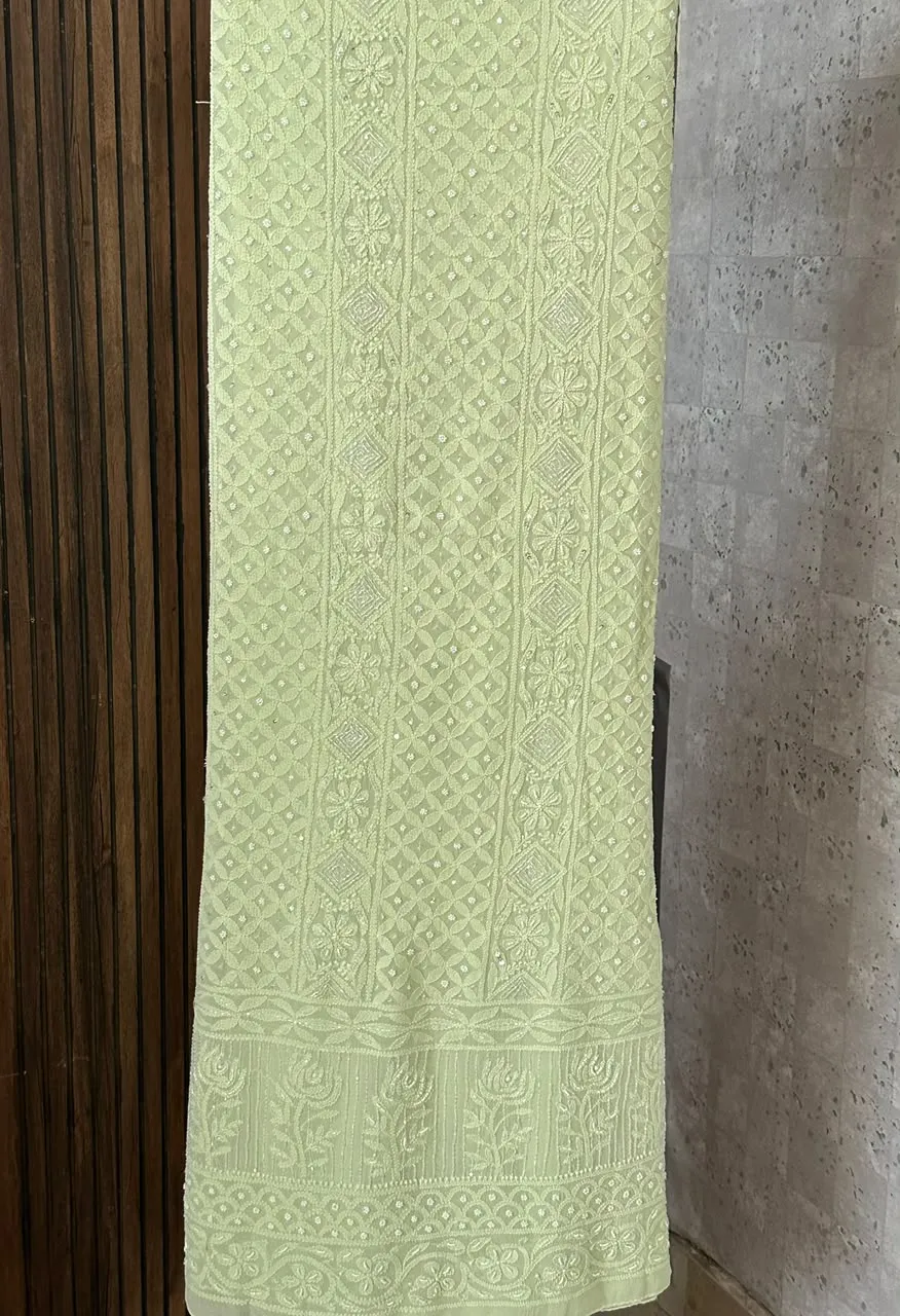 Soft Pistachio Viscose Georgette Chikankari Unstitched Fabric