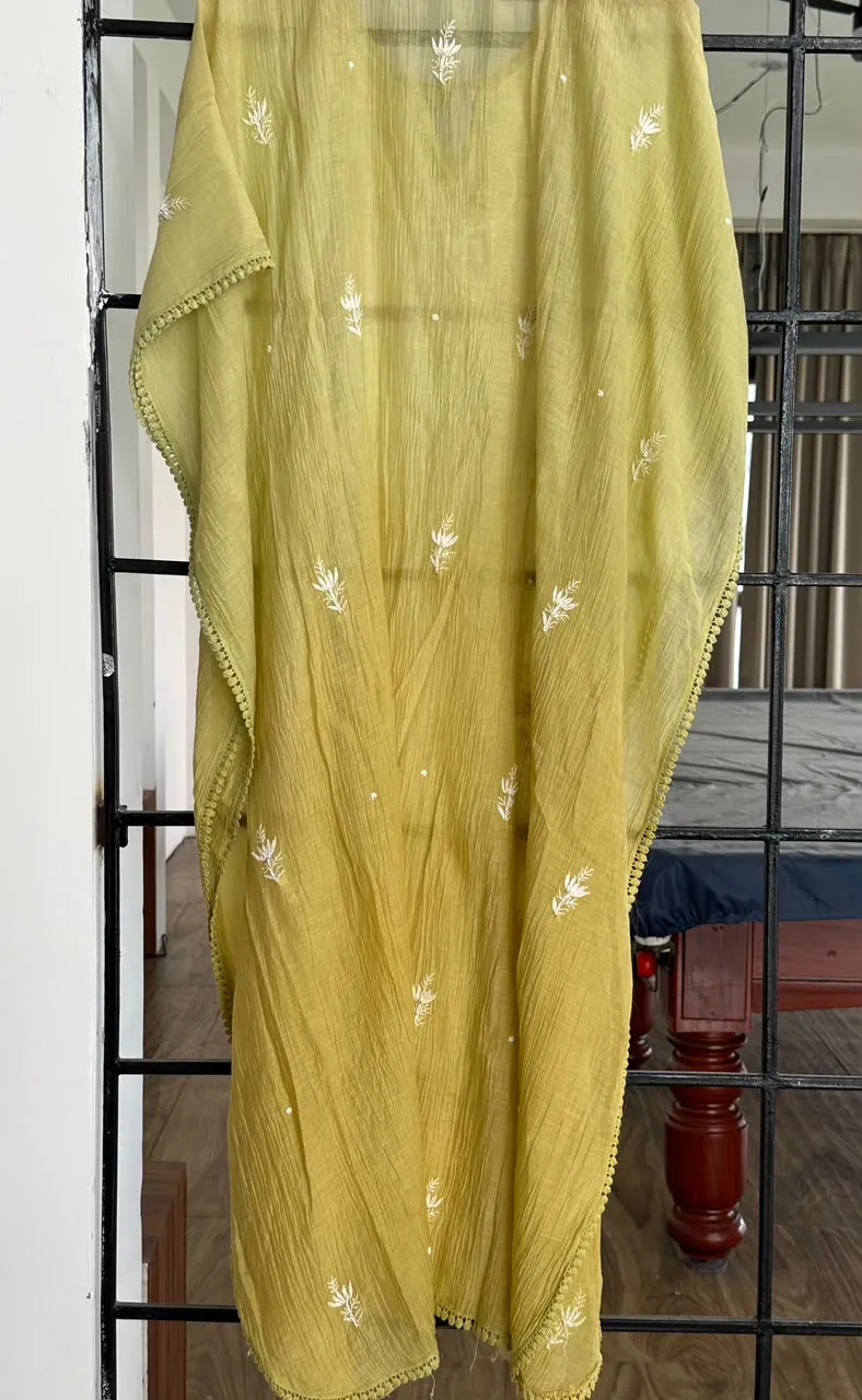 Olive Yellow Mul Chanderi Chikankari Kaftan