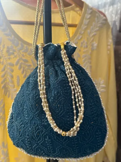Royal Blue Chikankari Potli