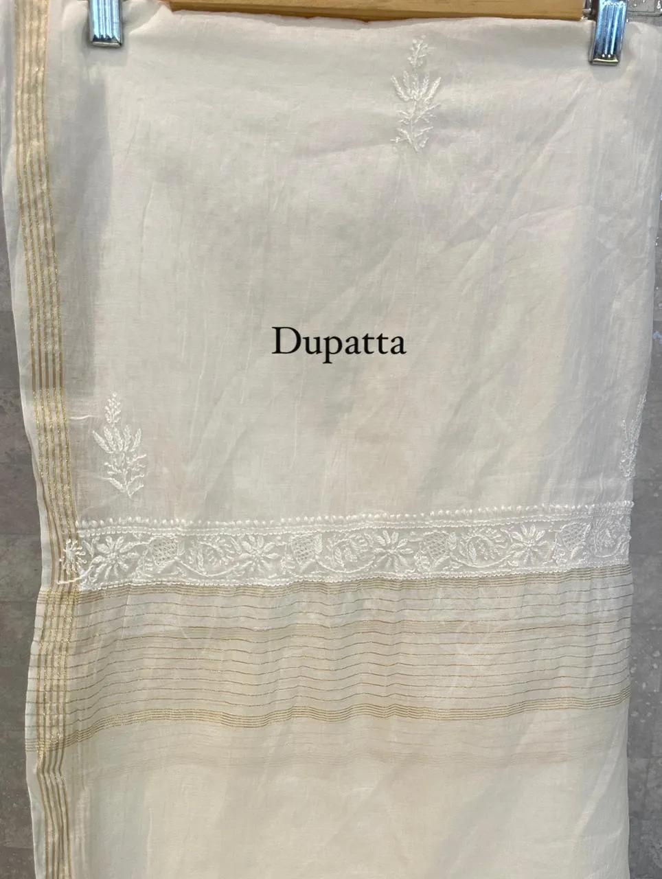 Cream Mul Chanderi Chikankari Unstitched Fabric