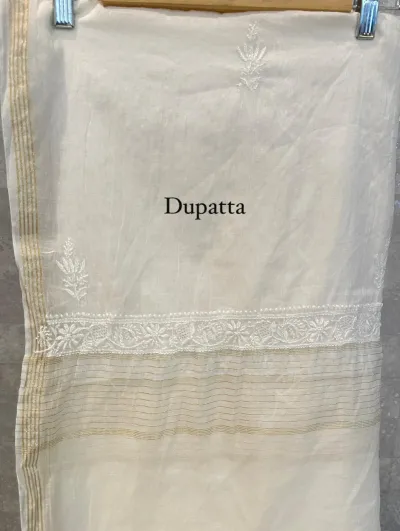 Cream Mul Chanderi Chikankari Unstitched Fabric