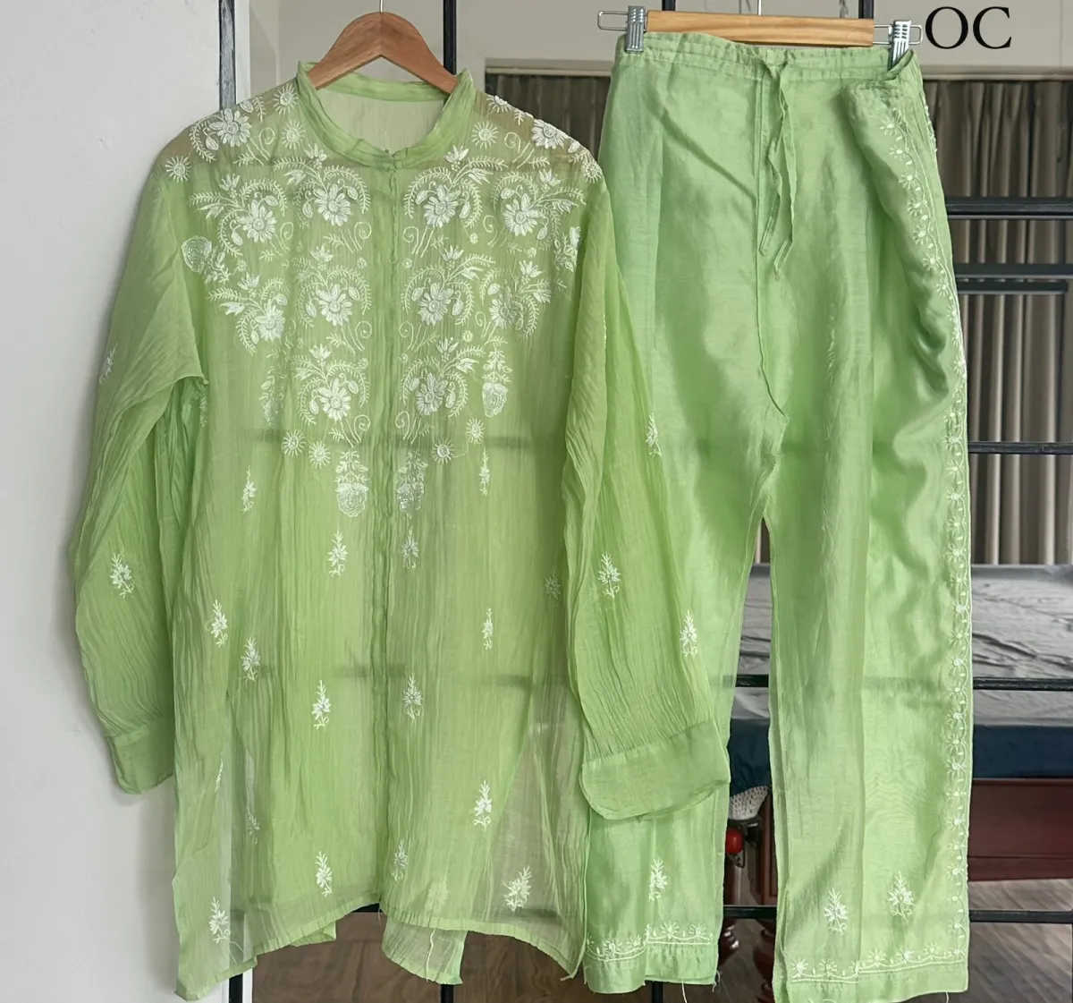 Soft Apple Green Mul Chanderi Chikankari Co-ord set
