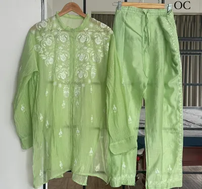 Soft Apple Green Mul Chanderi Chikankari Co-ord set