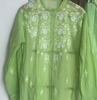 Soft Apple Green Mul Chanderi Chikankari Co-ord set