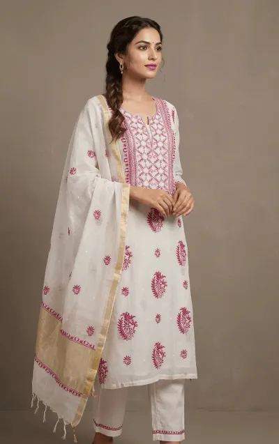 Cream Mul Chanderi Chikankari Unstitched Fabric