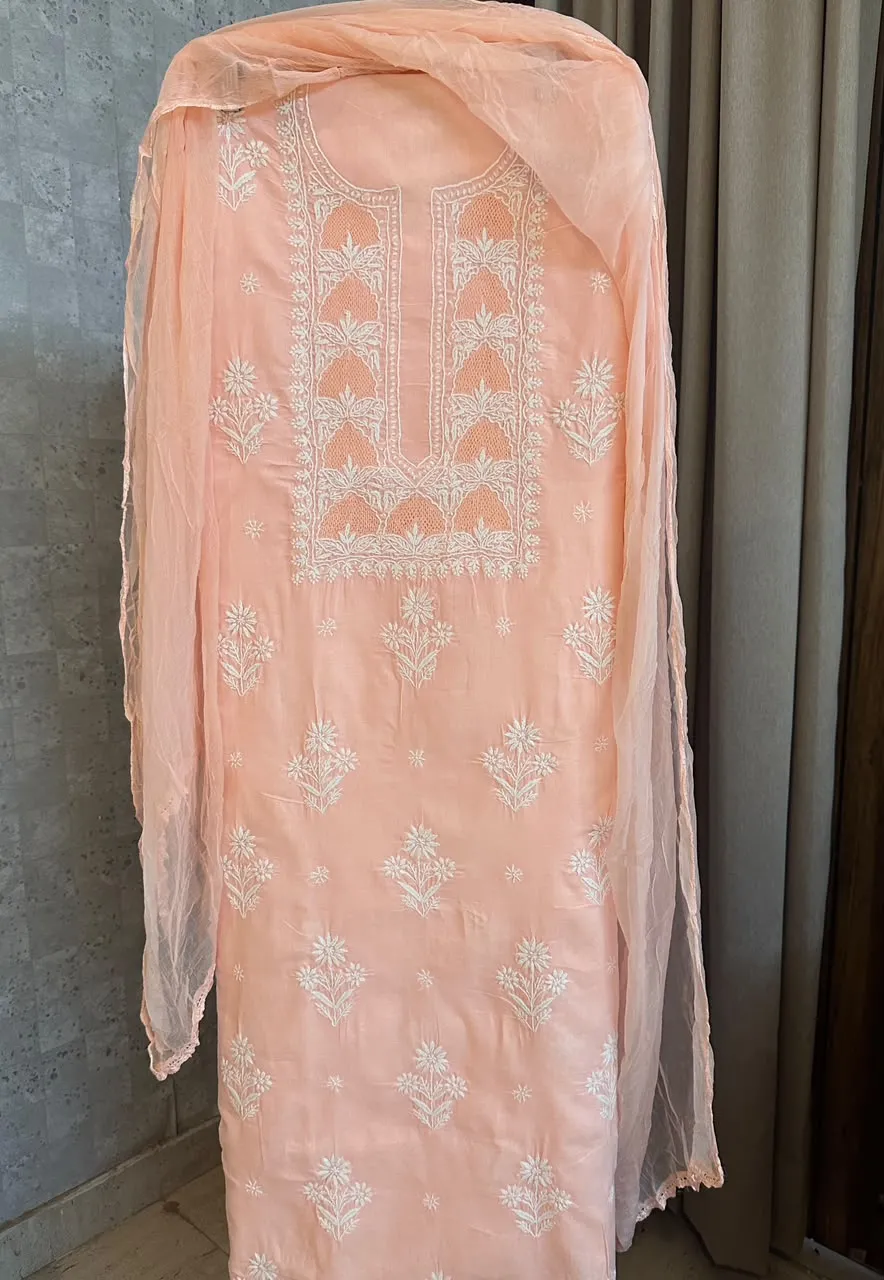 Light Peach Soft Cotton Fine Chikankari With Haath Ki Jaali Neck Work