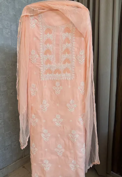 Light Peach Soft Cotton Fine Chikankari With Haath Ki Jaali Neck Work
