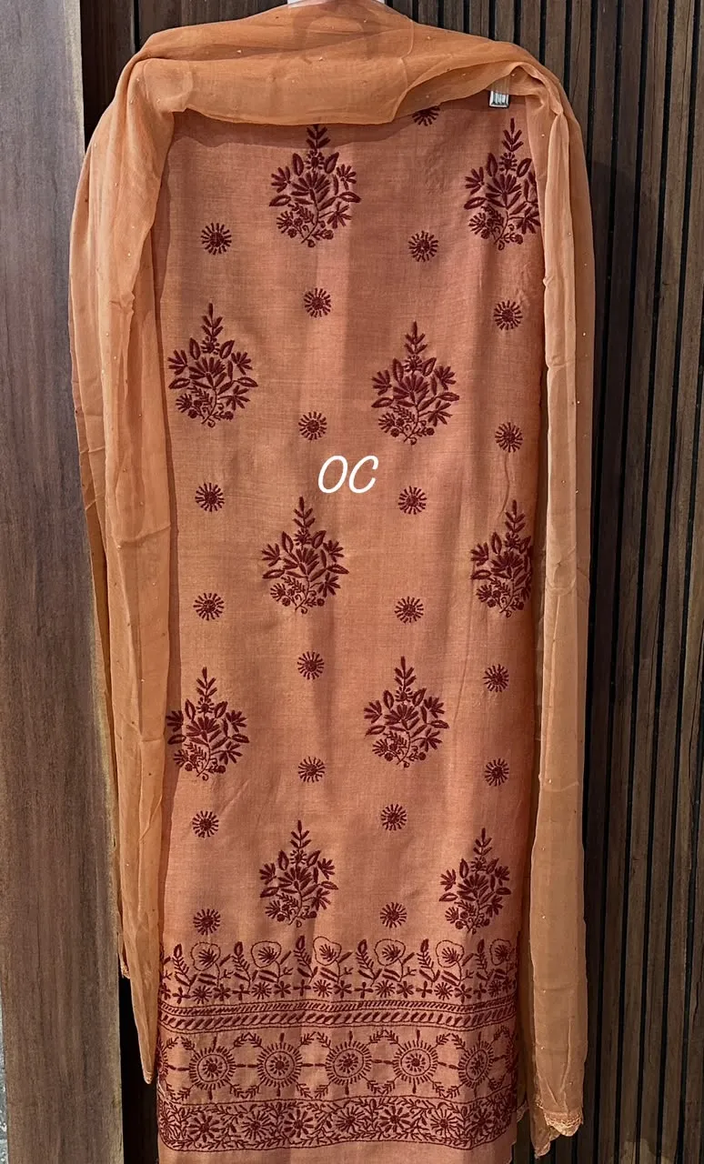 Penny Copper Tussar Silk Chikankari Kurta Dupatta Set