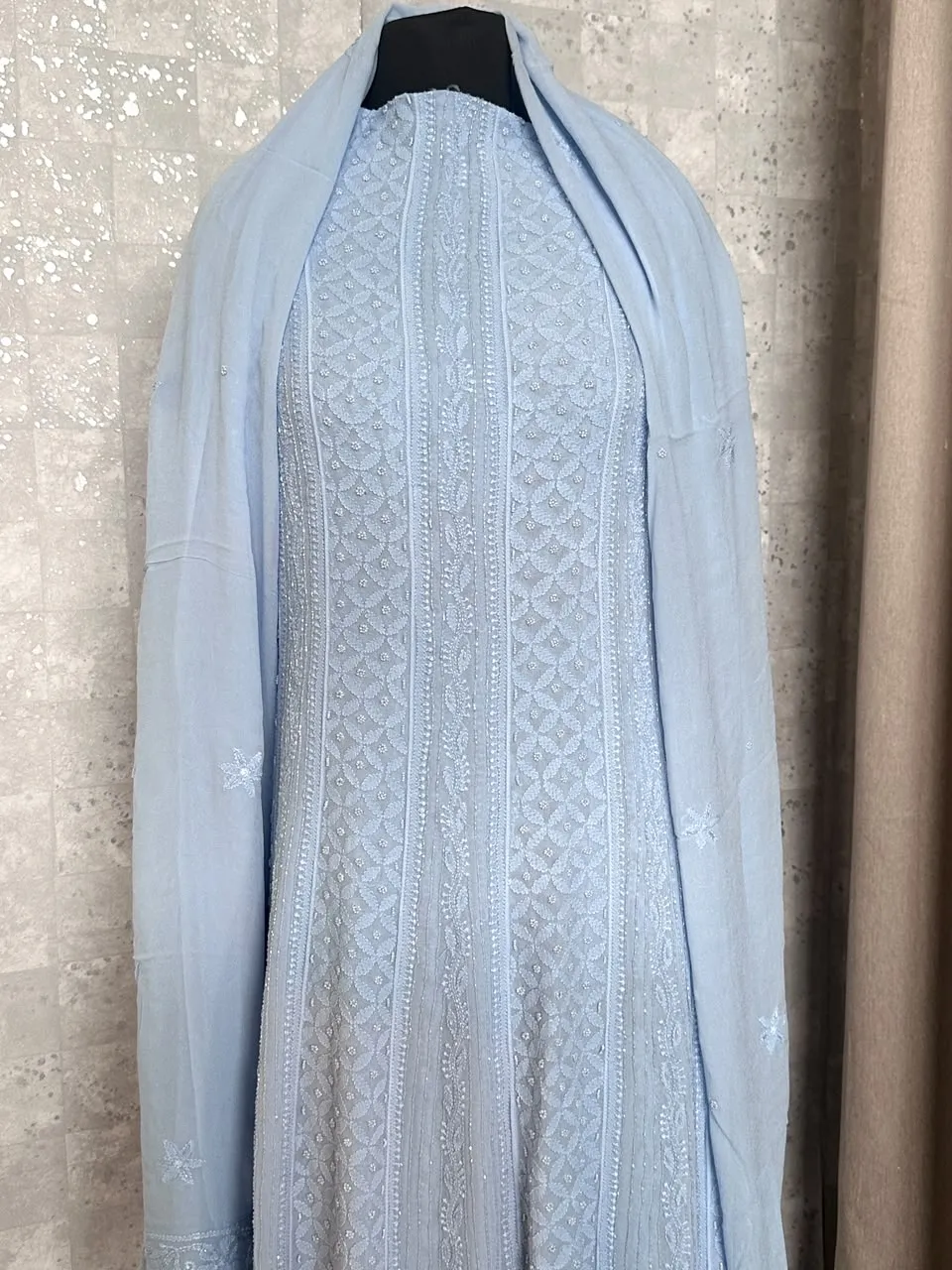Pale Cornflour Blue Chikankari 18 Kali Anarkali Set